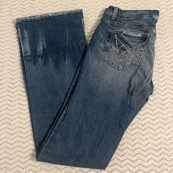 Bebe Blue Distressed Medium Wash Denim Embellished Low Rise Y2K Flare Jeans 29 - Picture 8 of 10